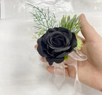 Rikyo Rose Wrist Corsage Wristlet Band Bracelet and Men Boutonniere Set, Corsage for Prom,Bride Hand Flower Flowers Ceremony,Wedding Party Prom Decor,DIY Petals Hair Hat Wreath (Black)