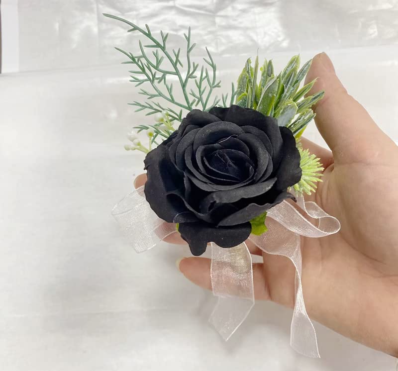 Rikyo Rose Håndledskorsage Håndledsrem Armbånd og Herre Boutonniere Sæt, Korsage til Prom, Brudens Hånd Blomst Blomster Ceremoni, Bryllupsfest Prom Dekoration, DIY Kronblade Hår Hat Krans (Sort)