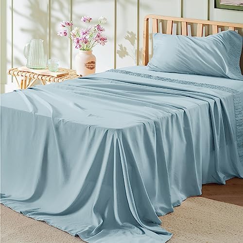 Bedsure Queen Sheet Set - Soft, Breathable and Durable Embossed Design Bed Sheets(Grey), 4 Pieces Hotel Luxury Queen Sheets, Easy Care Polyester Microfiber Cooling Bed Sheet Set for Queen Size Bed