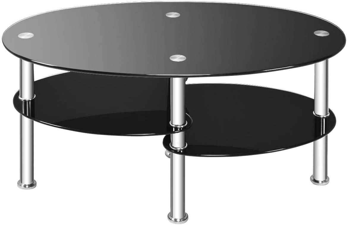 FANTASK Tempered Glass Coffee Table, Oval 3-Tier Steel Tea Table w/Spacious Glass Desk-Top, Open Storage Shelf, Modern End Side Table for Home Living Room Office Reception (Clear Glass)