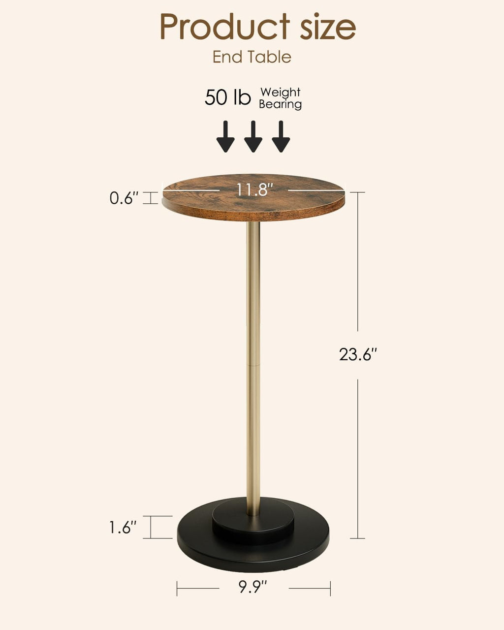 Masupu Drink Table, Round Side Table for Small Spaces, Pedestal Small End Table with Metal Base, for Living Room, Bedroom, Bathroom, Rustic Brown