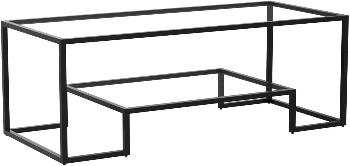 Black Metal Glass Coffee Table - Simple Center Coffee Table for Living Room Home, Metal Frame Coffee Table with 2 Shelves,Modern Table for Bedroom, Dinning Room,Office Decor