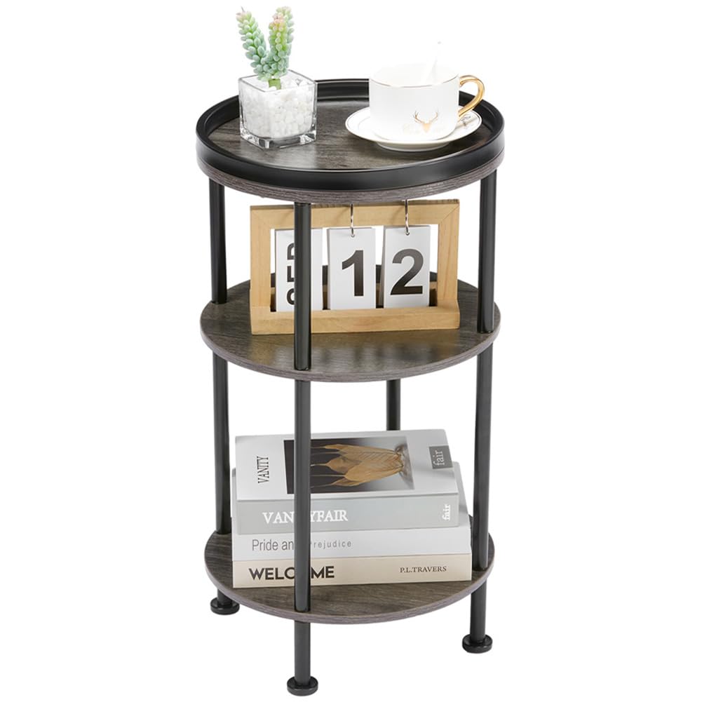 Small Round Side Table for Small Spaces, 3-Tier Round Accent Table Slim Side Table, Modern Sofa Corner Table for Living Room Nightstand Bedroom (Rustic Brown)