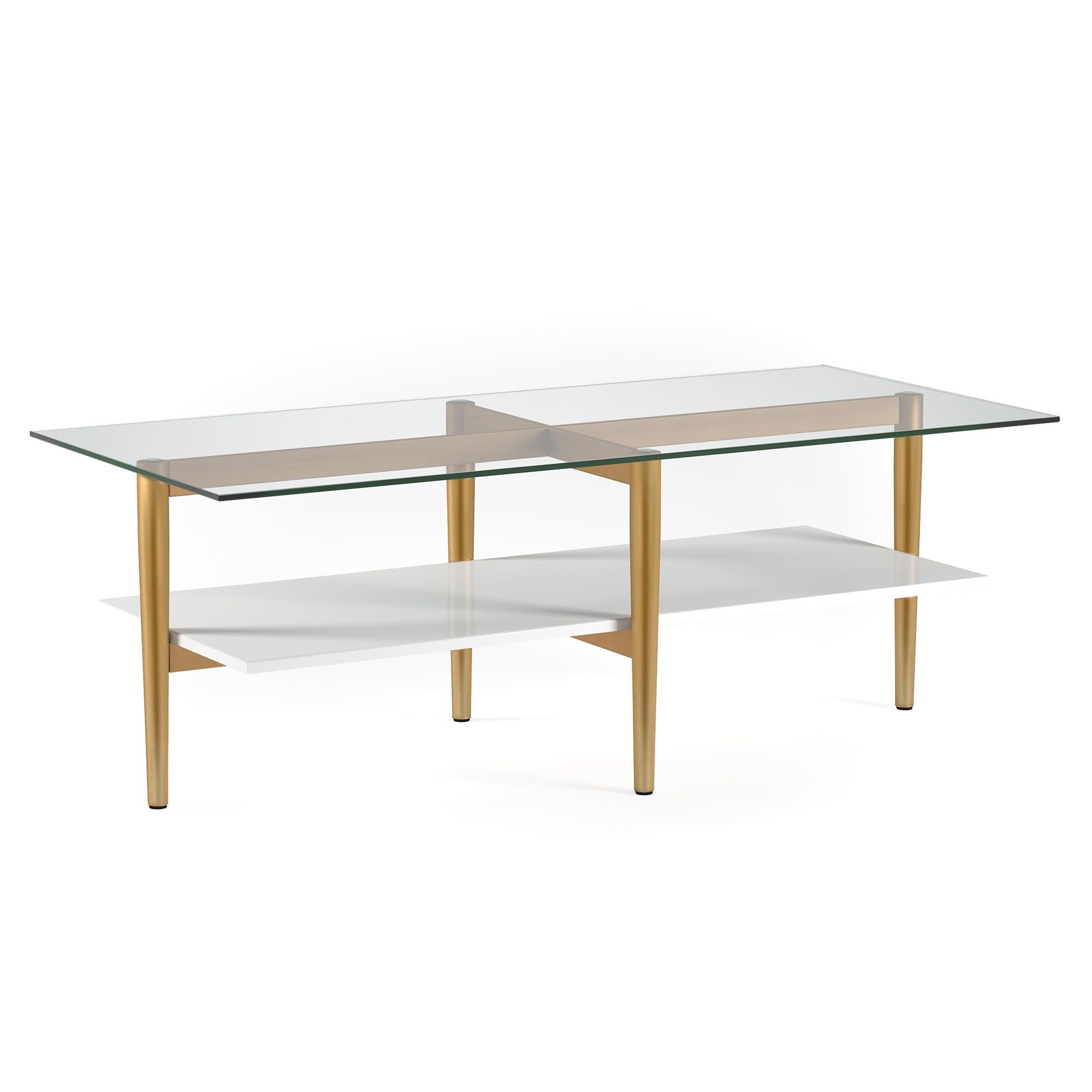 Otto 32" Wide Square Coffee Table with Faux Marble Shelf in Brass