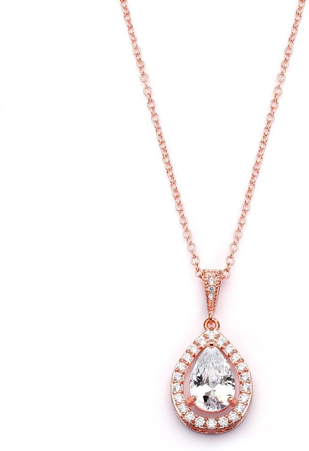 Mariell Rose Gold Cubic Zirconia Crystal Bridal Necklace, Teardrop Pendant Wedding Prom Jewelry Gift