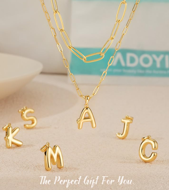 adoyi Goldkette für Frauen, geschichtete Blasenbuchstaben-Initialanhänger für Frauen, trendiger Schmuck, 14k 18K vergoldete Kette, klobige Namens-S-Halskette, gestapeltes Charm-Anhänger-Set, Schmuckgeschenke zum Muttertag