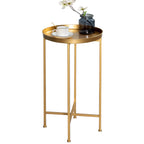 HollyHOME Small Round Metal Waterproof End Table, Accent Indoor&Outdoor Coffee Side Table, Snack Sofa Table for Living Room, Anti-Rust Decorative Plant Stand, (D) 14.5" x (H) 25", Gold&Navy Blue