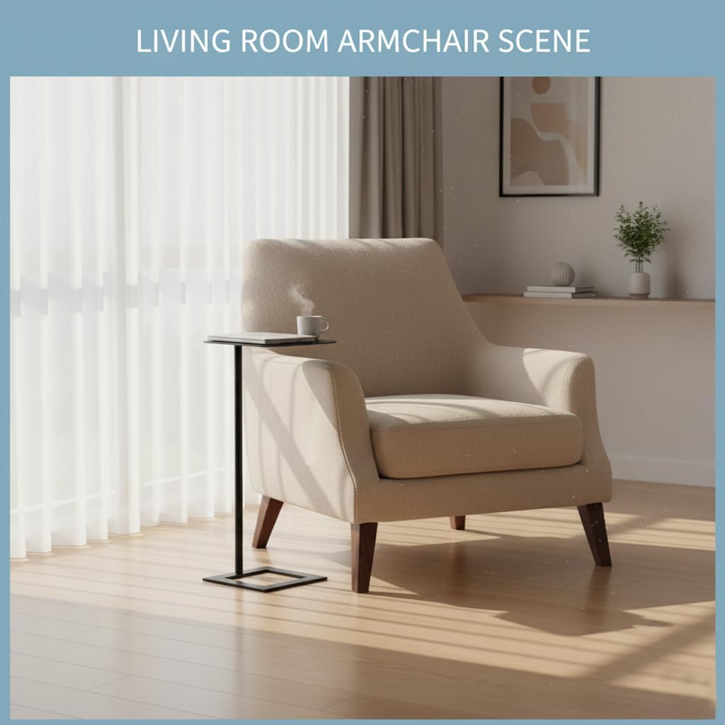 Stable C Table End Table, 23.4" Tall C Shaped Side Table That Slides Under Sofa, Slim Under Couch Table, Modern Industrial Coffee Tray Table for Living Room Bedroom (Small Black)