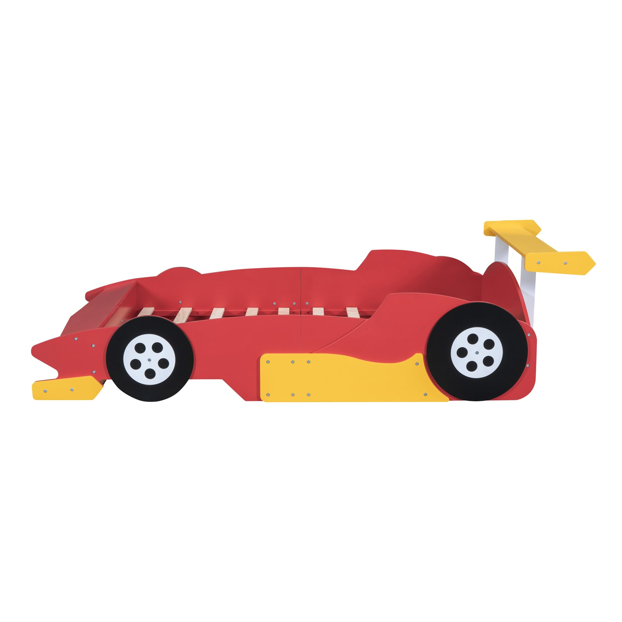 Lit de course taille réelle Bellemave pour enfants, lit plateforme en forme de voiture en bois avec étagères de rangement, lit voiture complet avec roues pour garçons, filles, (taille réelle, rouge)