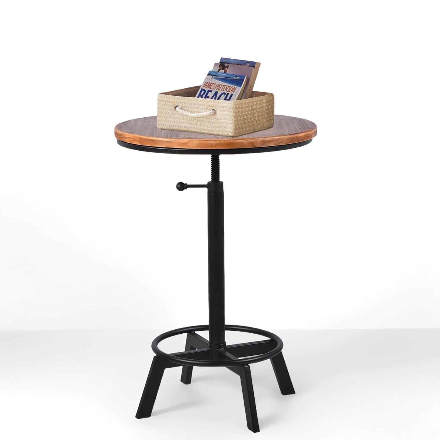 Vintage Bar Table 30-35.4inch Height Adjustable Industrial Bistro Table Retro Dinning Table for Kitchen Coffee House Pub Swivel Wooden Top