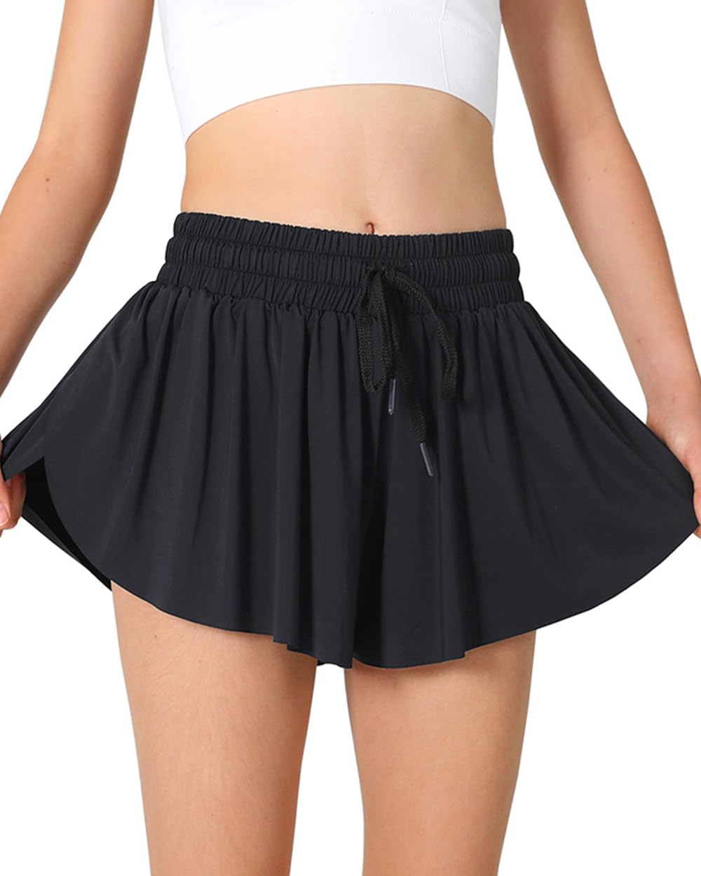 AIOIC Pige Sommerfugl Shorts Børns Flydende Shorts 2-i-1 Pige Sommerfugl Nederdele med Lomme Sort