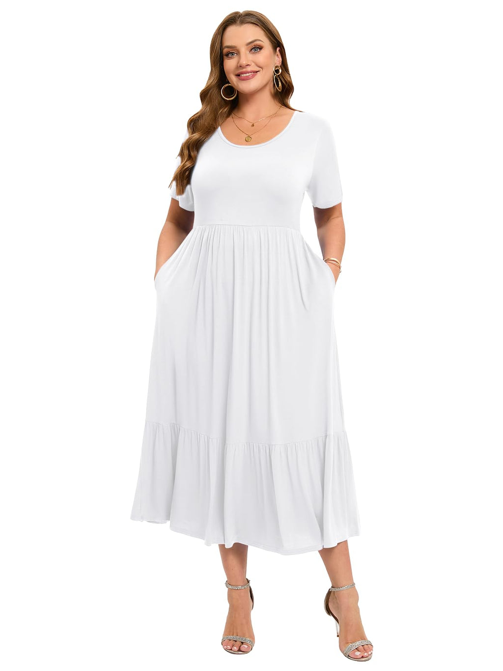 پیراهن‌های سایز بزرگ LARACE برای زنان، تابستانی، کژوال، آستین کوتاه، پیراهن بلند و روان، ماکسی ساحلی با جیب، سایز L-5XL (سفید 2X)