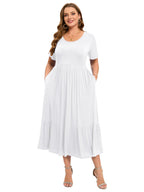 پیراهن‌های سایز بزرگ LARACE برای زنان، تابستانی، کژوال، آستین کوتاه، پیراهن بلند و روان، ماکسی ساحلی با جیب، سایز L-5XL (سفید 2X)