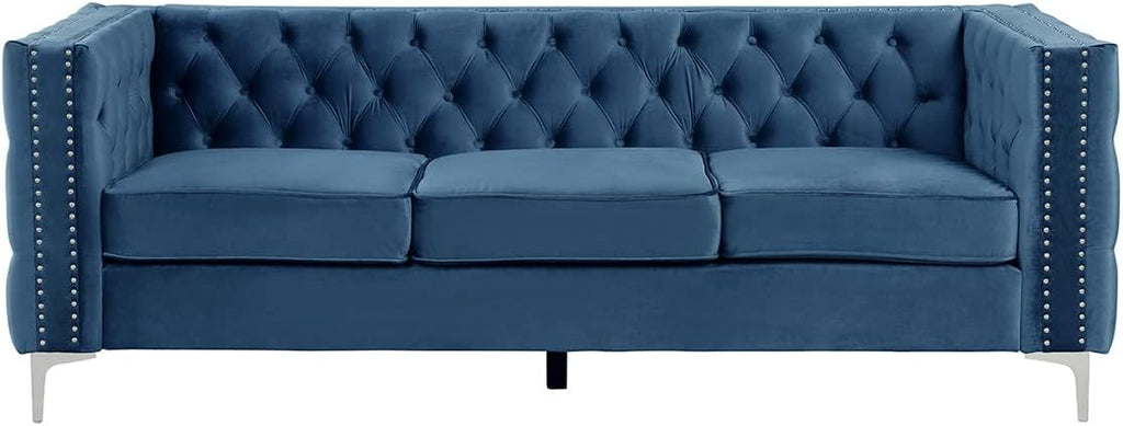 Morden Fort Sofas for Living Room, 85" Blue Chesterfield Sofa with Button Tufted & Nailhead Trim, Classic Velvet Upholstered Sofa for Office, Apartment, Home