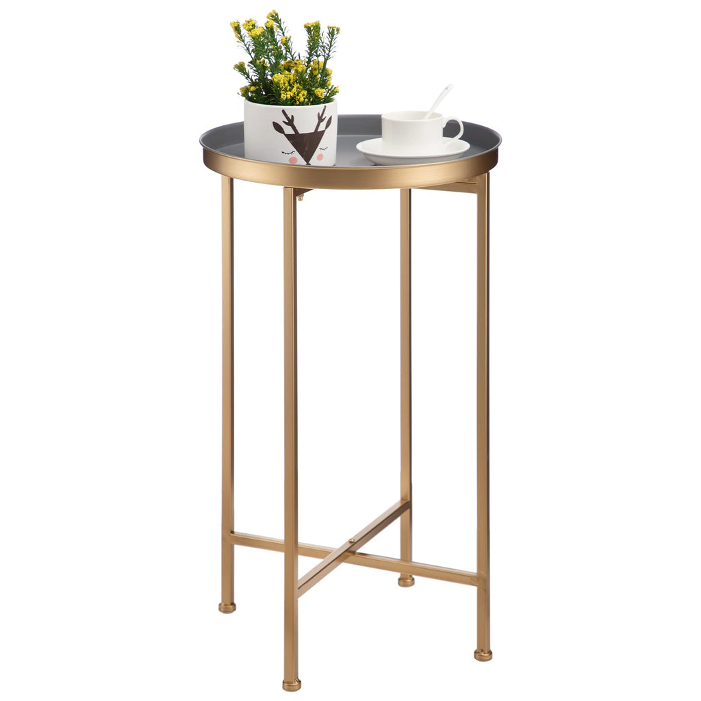 HollyHOME Small Round Metal Waterproof End Table, Accent Indoor&Outdoor Coffee Side Table, Snack Sofa Table for Living Room, Anti-Rust Decorative Plant Stand, (D) 14.5" x (H) 25", Gold&Navy Blue