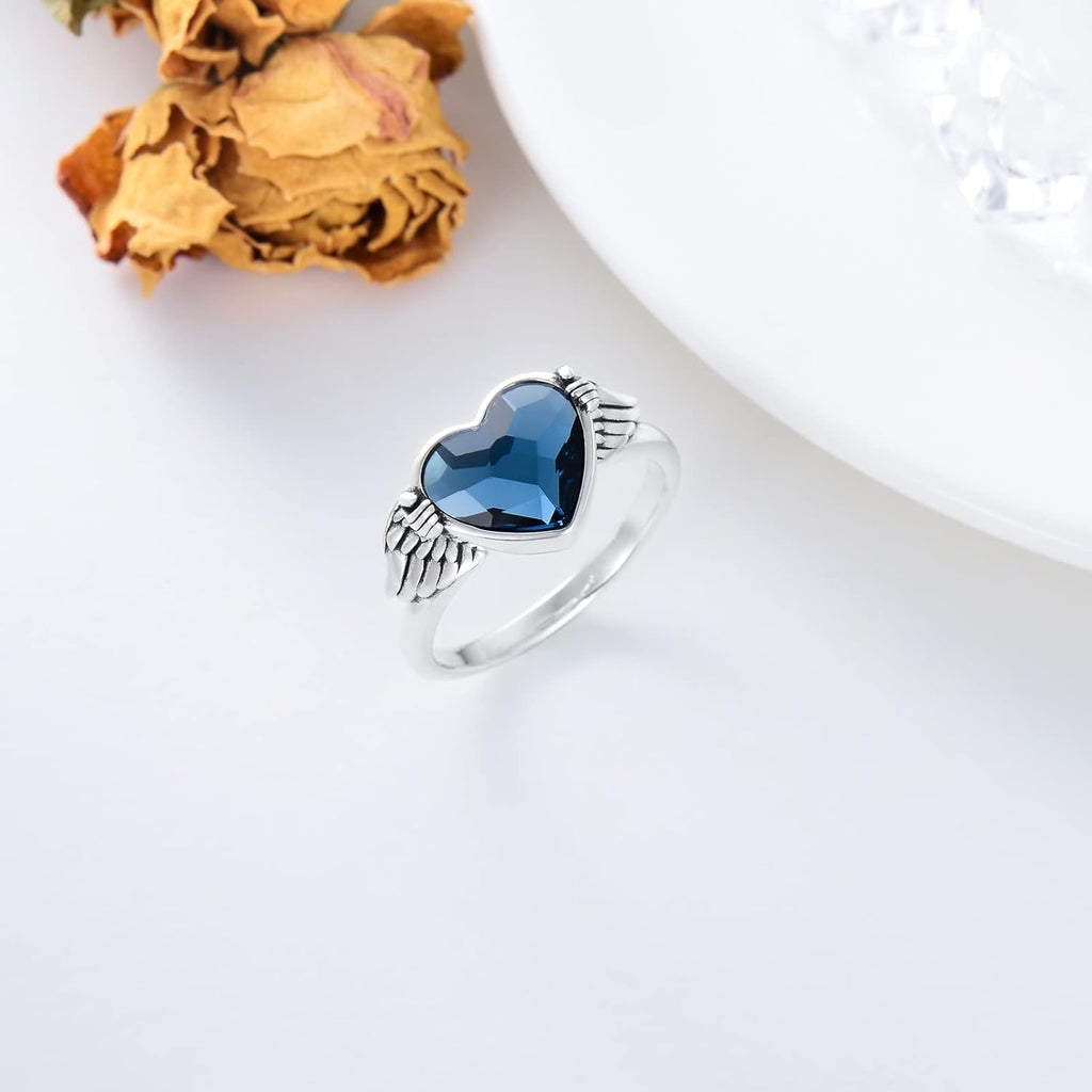 Urn Ring for Ashes 925 Sterling Silver Hold You in My Heart Angel Wings with Blue Crystal Heart Cremation Memorial Keepsake Jewelry Size 6-10