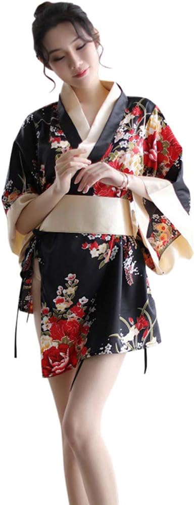 SIQITECHNO Womens Floral Kimono Bathrobe Mini Dress Nightgown Nightwear Japanese Short Yukata Sleepwear Outfit Belt Lingerie