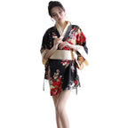 SIQITECHNO Womens Floral Kimono Bathrobe Mini Dress Nightgown Nightwear Japanese Short Yukata Sleepwear Outfit Belt Lingerie