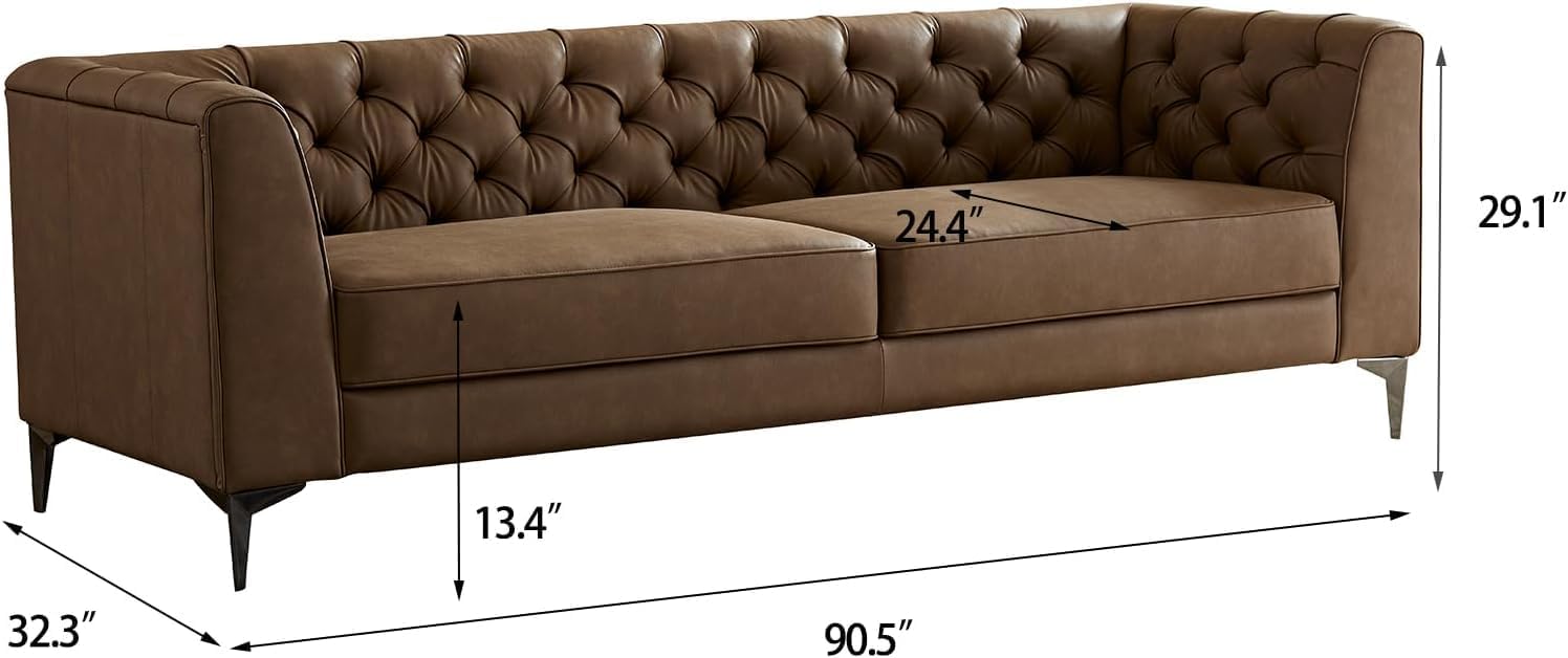 90.5" Mid-Century Modern Sofa Leather Couch, 3-Seater Tuxedo Tufted Couch, Vintage Luxury Chesterfield Sofas with Metal Legs, Modern Upholstered Couches for Living Room, Apartment, Office, Brown