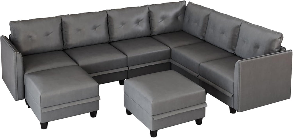 LLappuil Modular Sectional Sofa, Oversized U Shaped Sofa with Storage, Sectional Couch for Living Room, Faux Leather Fabric Waterproof Sofa, 7 Seats with Ottoman, Dark Grey