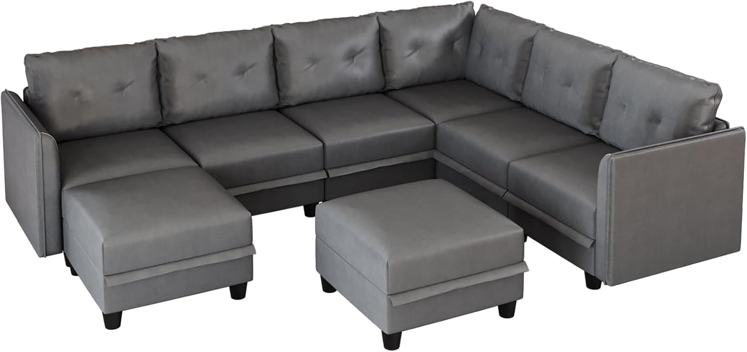 LLappuil Modular Sectional Sofa, Oversized U Shaped Sofa with Storage, Sectional Couch for Living Room, Faux Leather Fabric Waterproof Sofa, 7 Seats with Ottoman, Dark Grey