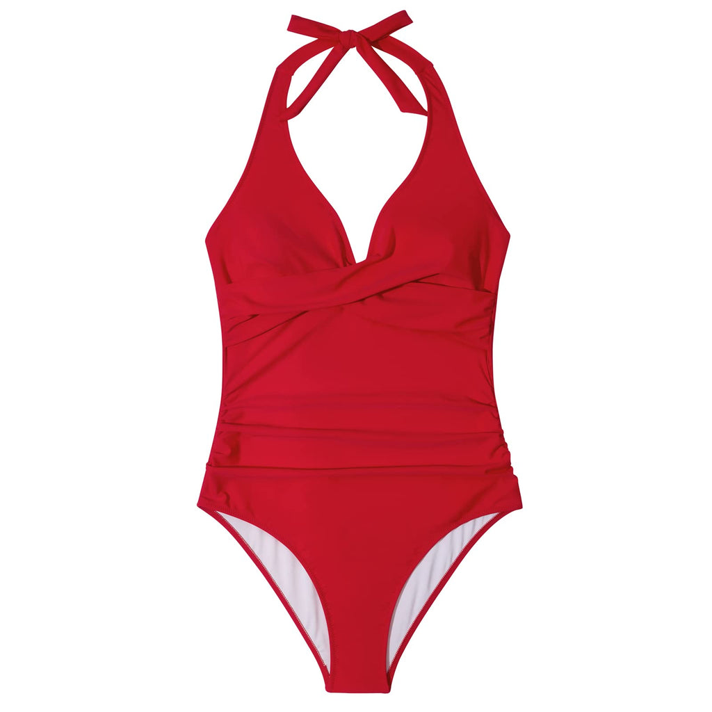 SUUKSESS Women Sexy Tummy Control One Piece Swimsuits Halter Push Up Monokini Bathing Suits (Red, L)