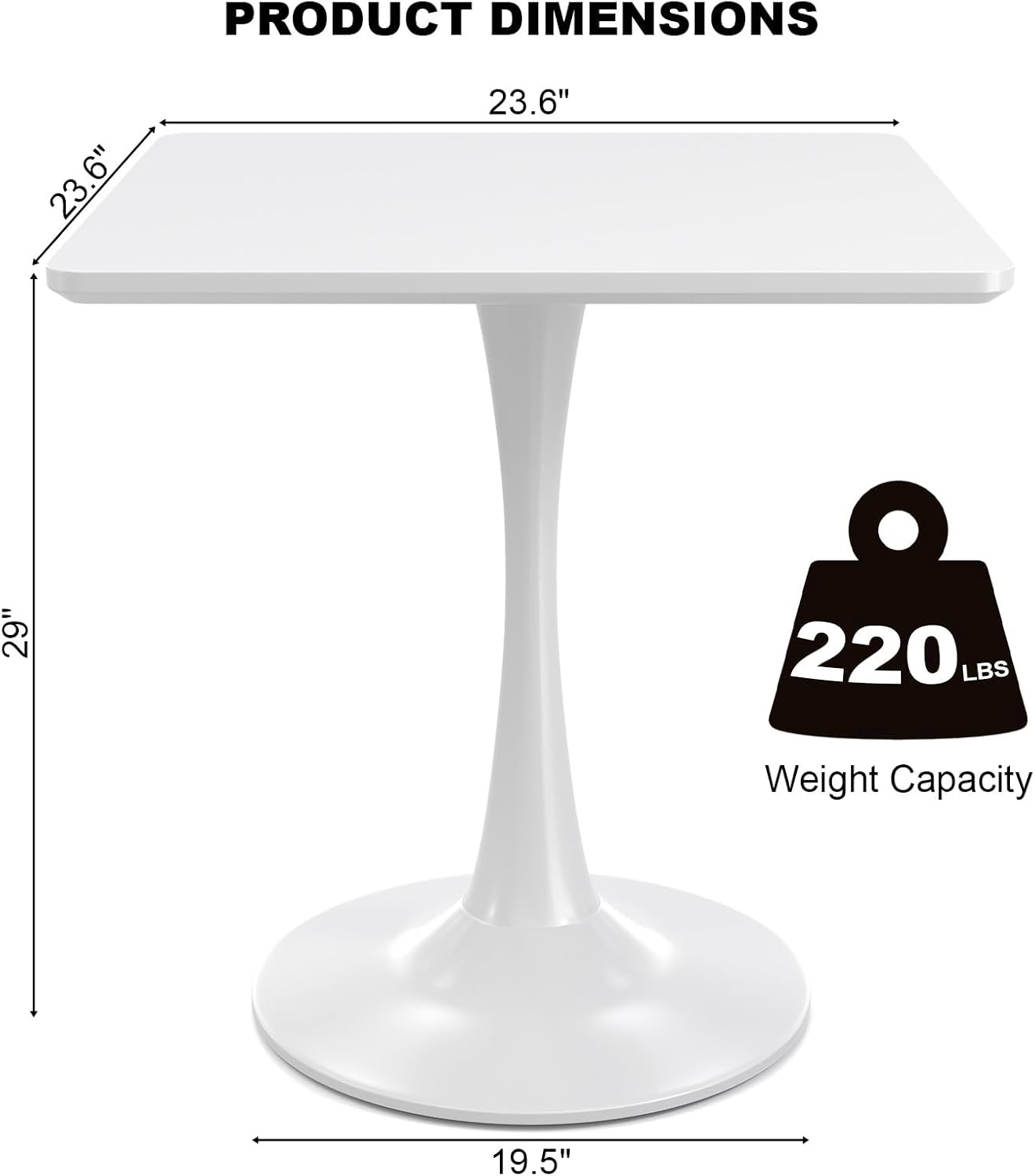 White Square Tulip Table for 2 Person, 24 Inch Small Dining Table with Pedestal Base for Two, Mid Century Modern Tulip Tables for Kitchen, Living Room, Cafe, Coffee, Office, Bistro, Pub, Bar, Wood Top