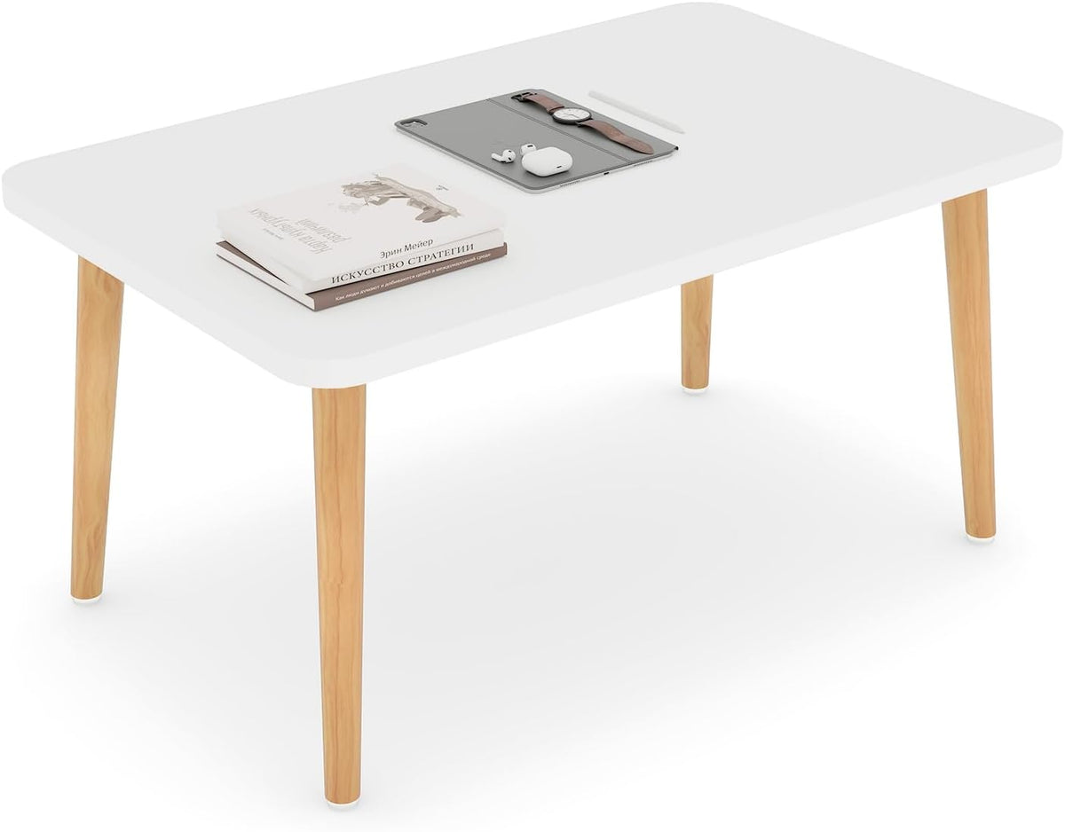 Square Coffee Table Low Table with 4 Solid Wood Sturdy Legs, Floor Table Desk for Sitting on The Floor, Storage and Living Room Furniture (White)