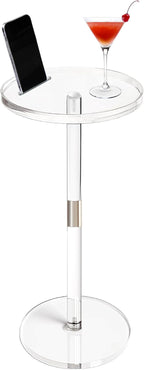 Acrylic Drink Table, Small Round Side Table for Small Space, Pedestal End Tables with Phone Holder, Multi-Use Modern Accent Tables, Martini/Cocktail Table for Living Room 10"X21" Easy Assembly