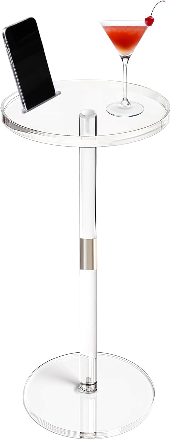 Acrylic Drink Table, Small Round Side Table for Small Space, Pedestal End Tables with Phone Holder, Multi-Use Modern Accent Tables, Martini/Cocktail Table for Living Room 10"X21" Easy Assembly