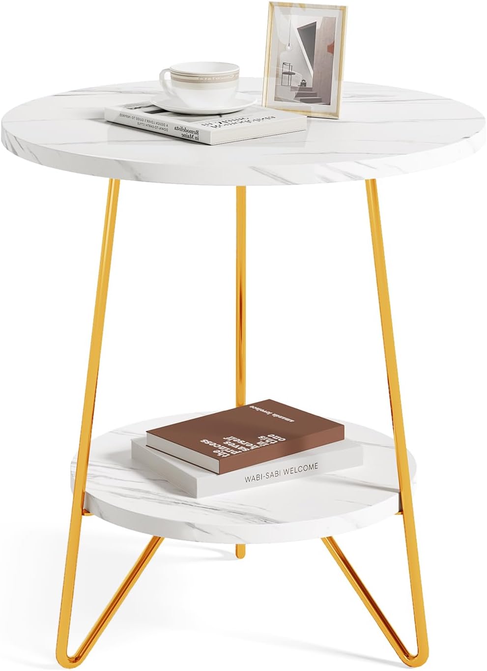 LITTLE TREE 2 Tier Faux Marble End Table Round Side Table with Shelves Small Coffee Accent Table for Living Room, White and Gold