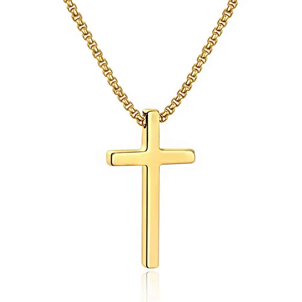 M MOOHAM Cross Necklace for Men, Silver Black Gold Stainless Steel Plain Cross Pendant Necklace for Men Box Chain 16-30 Inch