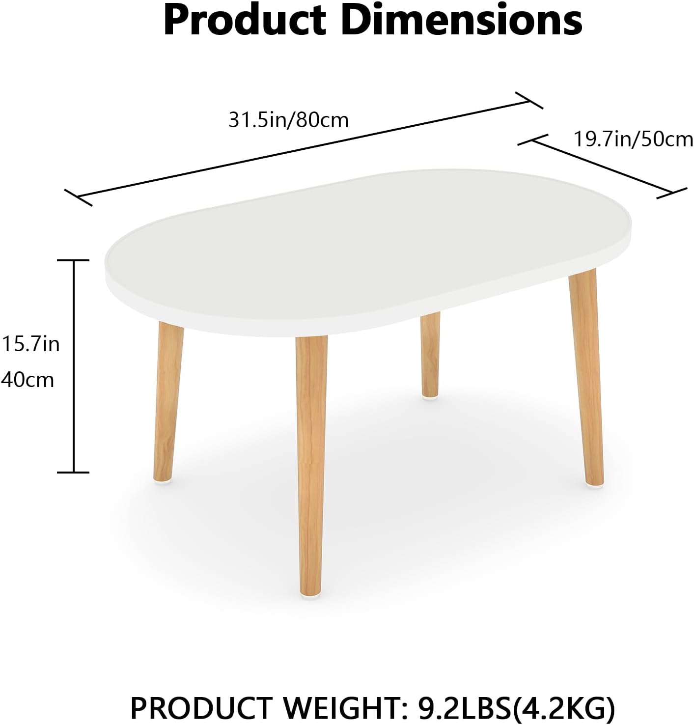 Oval Coffee Table Low Table with 4 Solid Wood Sturdy Legs, Floor Table Desk for Sitting on The Floor, Storage and Living Room Furniture (White)