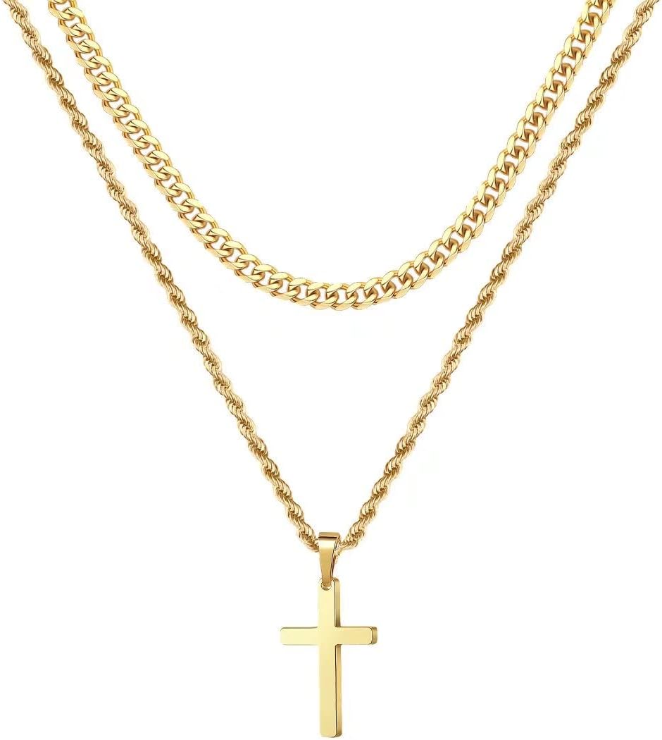 Ursteel Layered Cross Necklace for Men - 18K Gold Silver Black Cross Necklaces Chain for Men, Layered Rope Chain Cross Necklace for Men 16 18 20 22 24 Inch