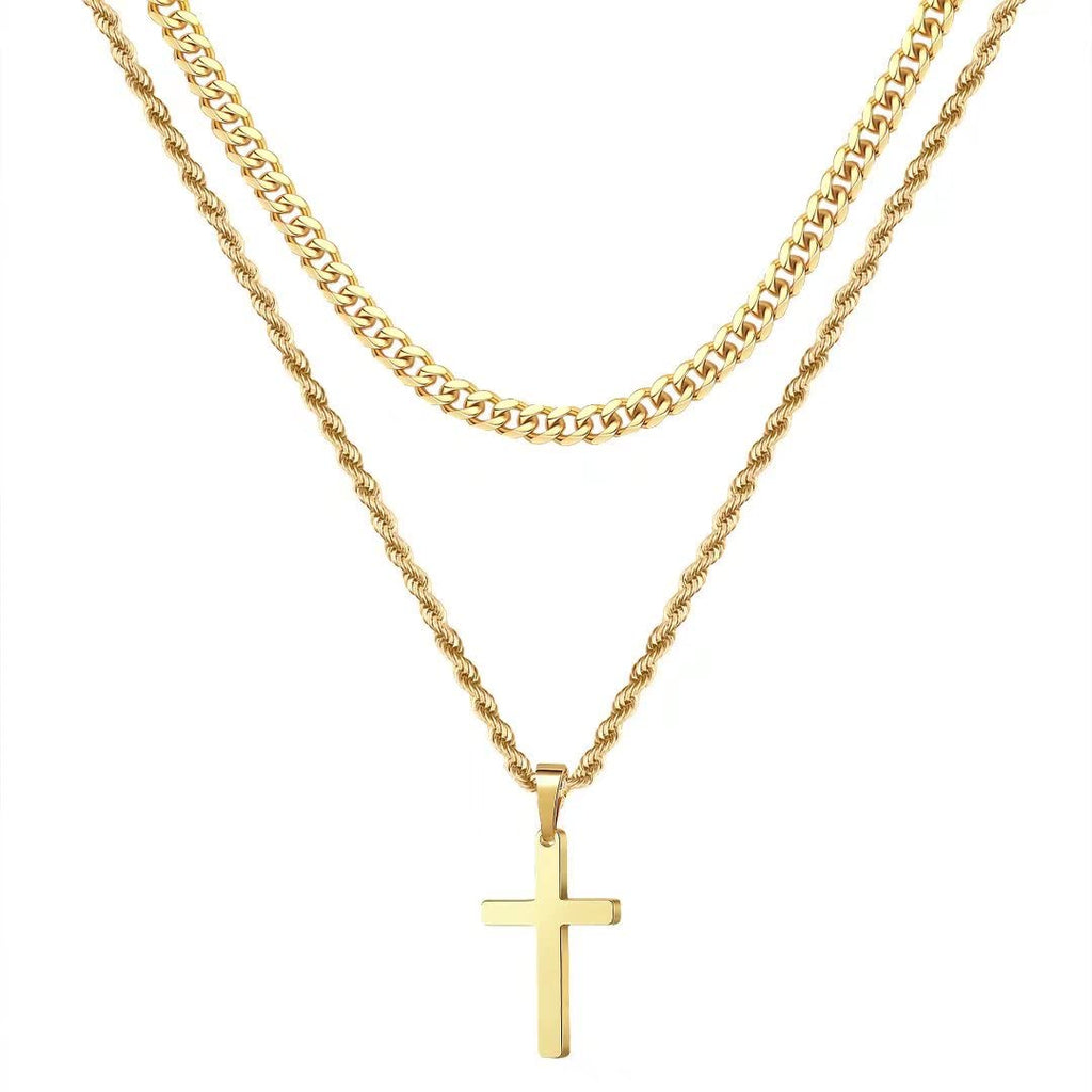 Ursteel Layered Cross Necklace for Men - 18K Gold Silver Black Cross Necklaces Chain for Men, Layered Rope Chain Cross Necklace for Men 16 18 20 22 24 Inch