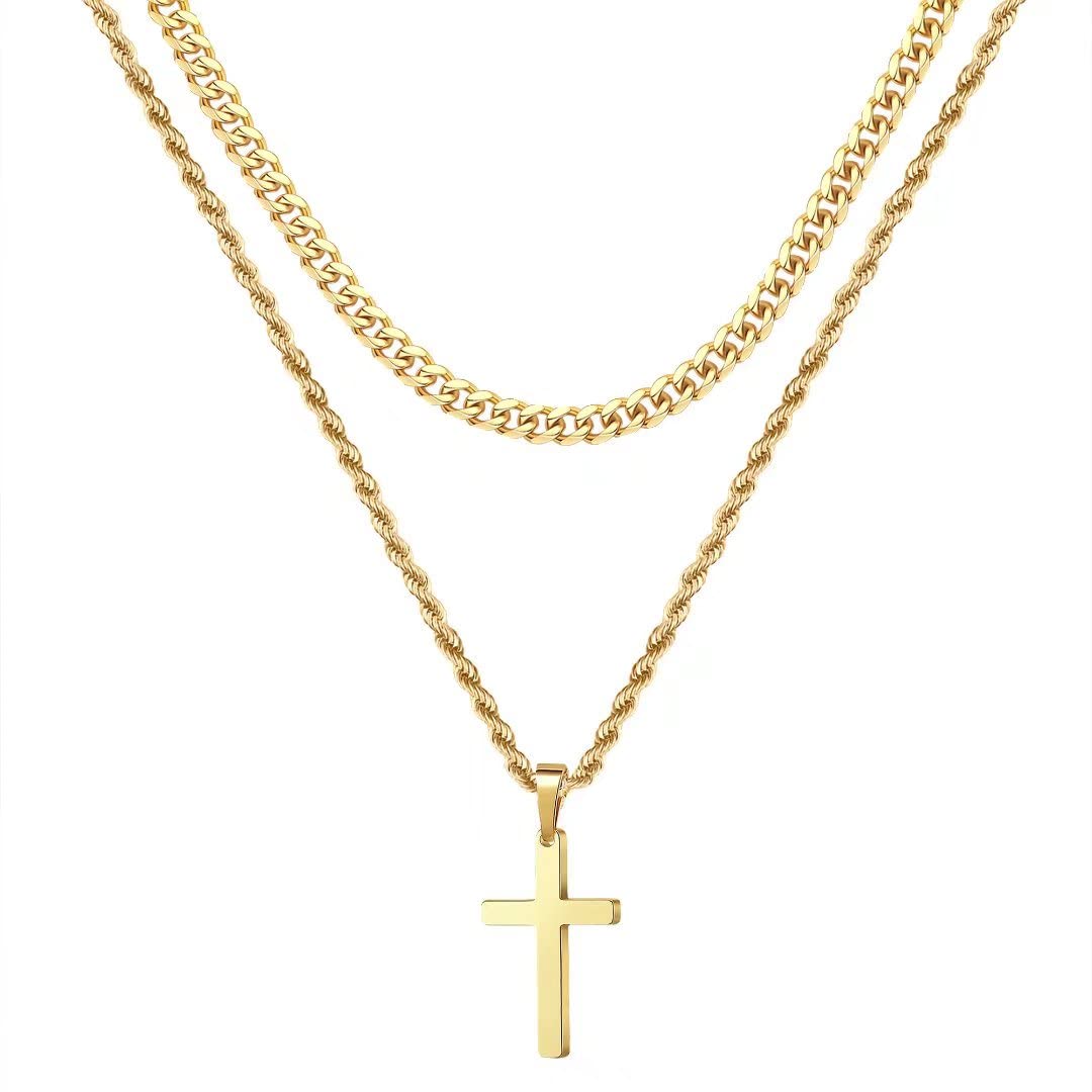 Ursteel Layered Cross Necklace for Men - 18K Gold Silver Black Cross Necklaces Chain for Men, Layered Rope Chain Cross Necklace for Men 16 18 20 22 24 Inch