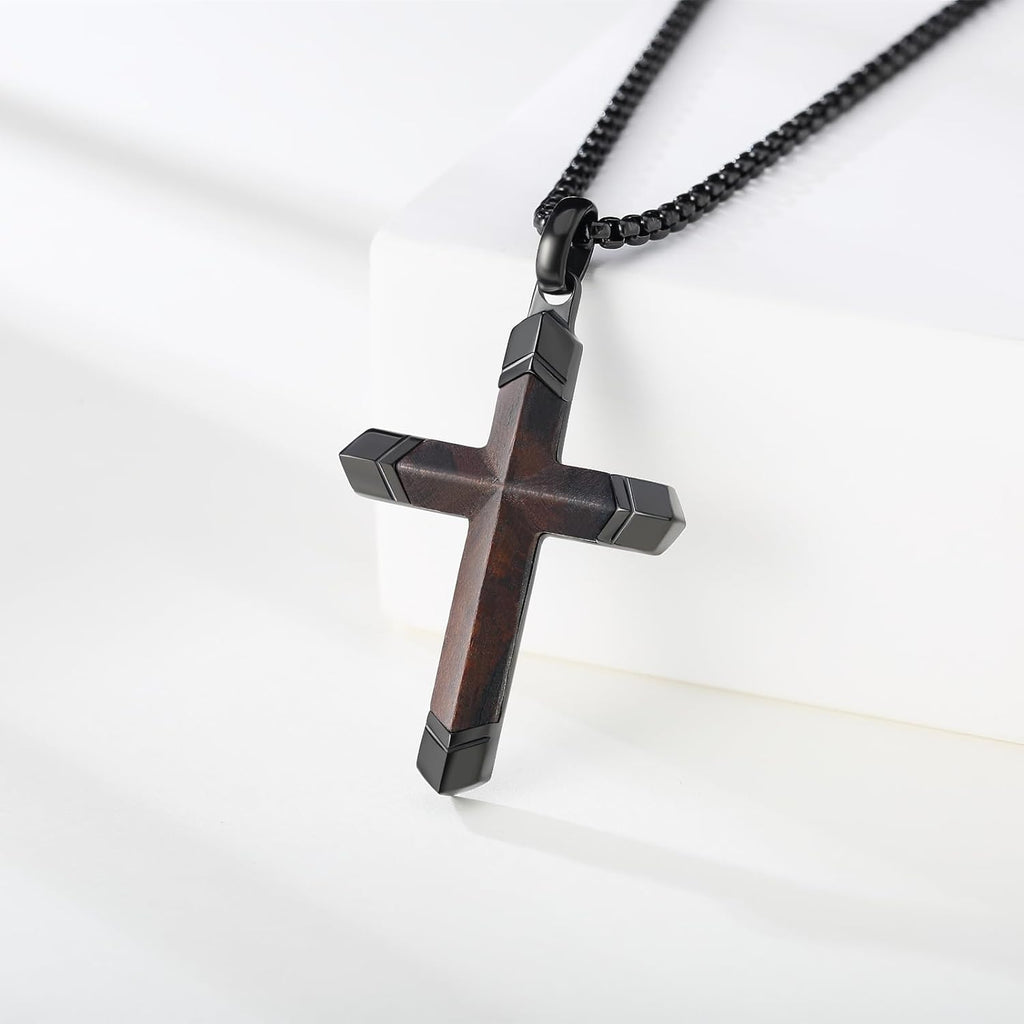 Wooden Cross Necklace for Men, Real Ebony Inset In Black Stainless Steel Christian Wood Crucifix Pendant, Includes Necklace 24" Box Chain
