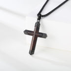 Wooden Cross Necklace for Men, Real Ebony Inset In Black Stainless Steel Christian Wood Crucifix Pendant, Includes Necklace 24" Box Chain