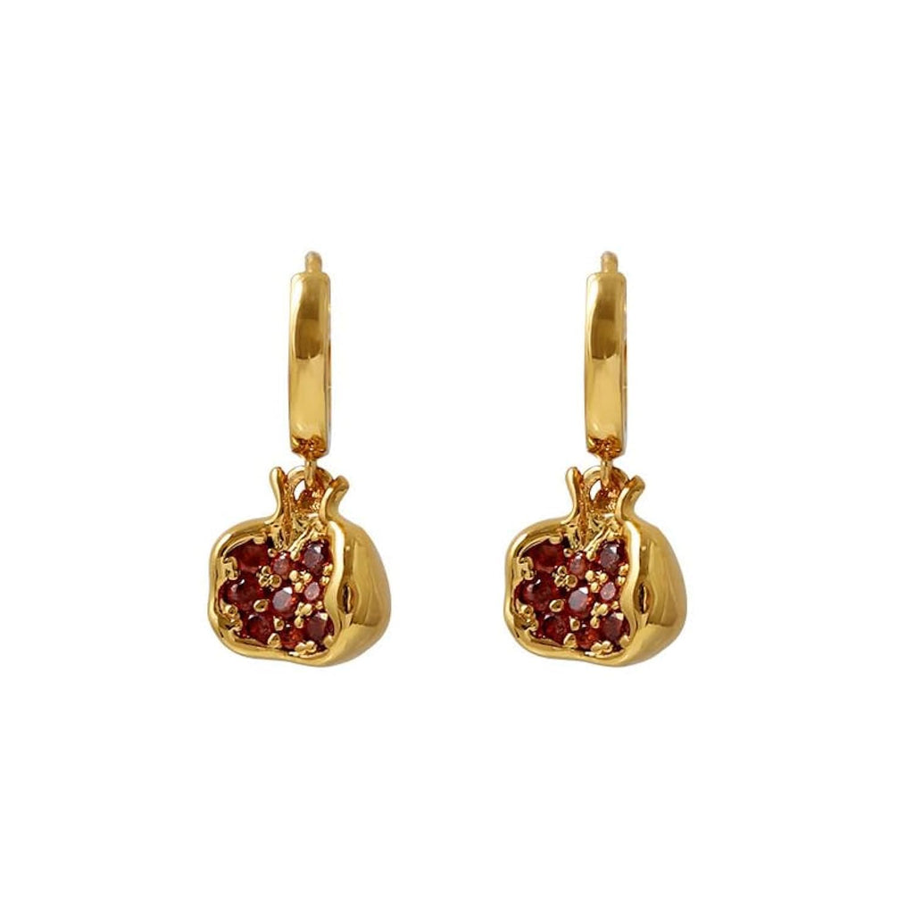 Pomegranate Earrings, Premium Cubic Zirconia Inlay Red Pomegranate Pendant, 18k Gold Plated Stainless Steel Hoop Earrings