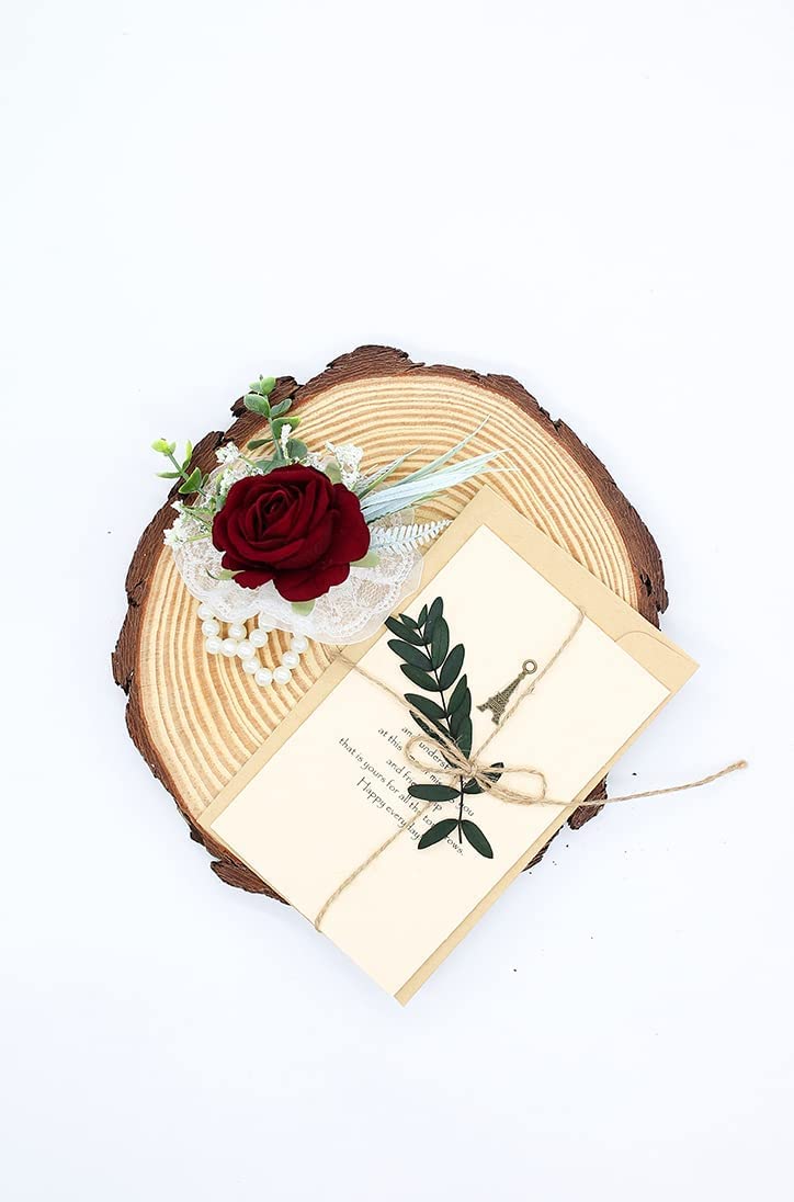 Ansofi Wine Red Corsage and Boutonniere Set Artificial Burgundy Rose Flower Wrist Corsage and Boutineers for Groom Groomsmen Bride Bridesmaids Prom Rustic Vintage Wedding Decor