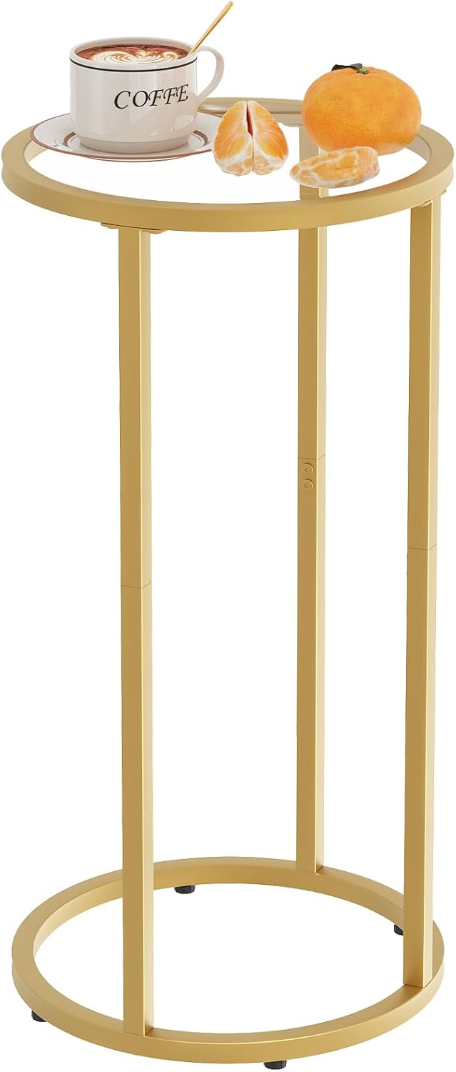 Easy Paws C Table Side End Table, Small Round Couch Sofa Tray Snack Table for Living Room, Bedroom,Accent Coffee Table,TV Tray Table for Small Space, Nightstand with Metal Frame(Gold)