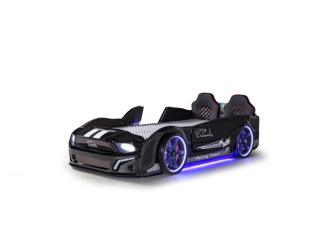 Racerbilseng med LED-lys, Twin-størrelse, sort sportsvognsdesign, oplyste hjul, racerstil hovedgærde