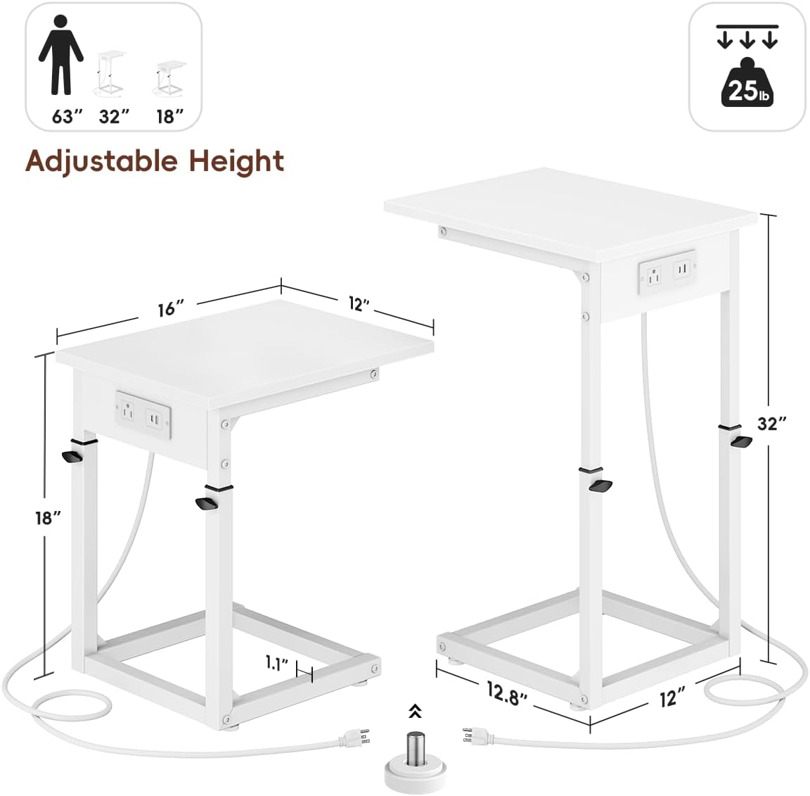 Vagusicc C Shaped End Table with Charging Station, 33" Tall Side Table for Couch, Sofa Table Adjustable Height Couch Side Table Coffee Table, Slide Under Sofa TV Tray C Table for Living Room, White