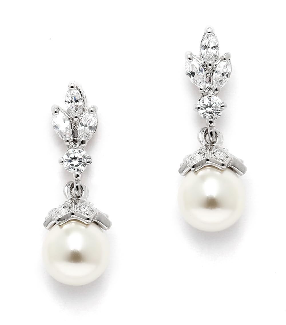 Mariell Pearl Drop Wedding Earrings, 8MM Ivory Shell Pearls, Cubic Zirconia Crystal and Pearl Earrings for Brides, Bridesmaid, Prom and Mother of the Bride