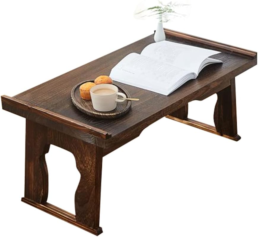 Foldable Wooden Laptop Desk, Breakfast in Bed Serving Tray, Japanese Floor Table for Tea & Coffee, Portable Antique Meditation Altar (23.6”x13.4”x10.6”)