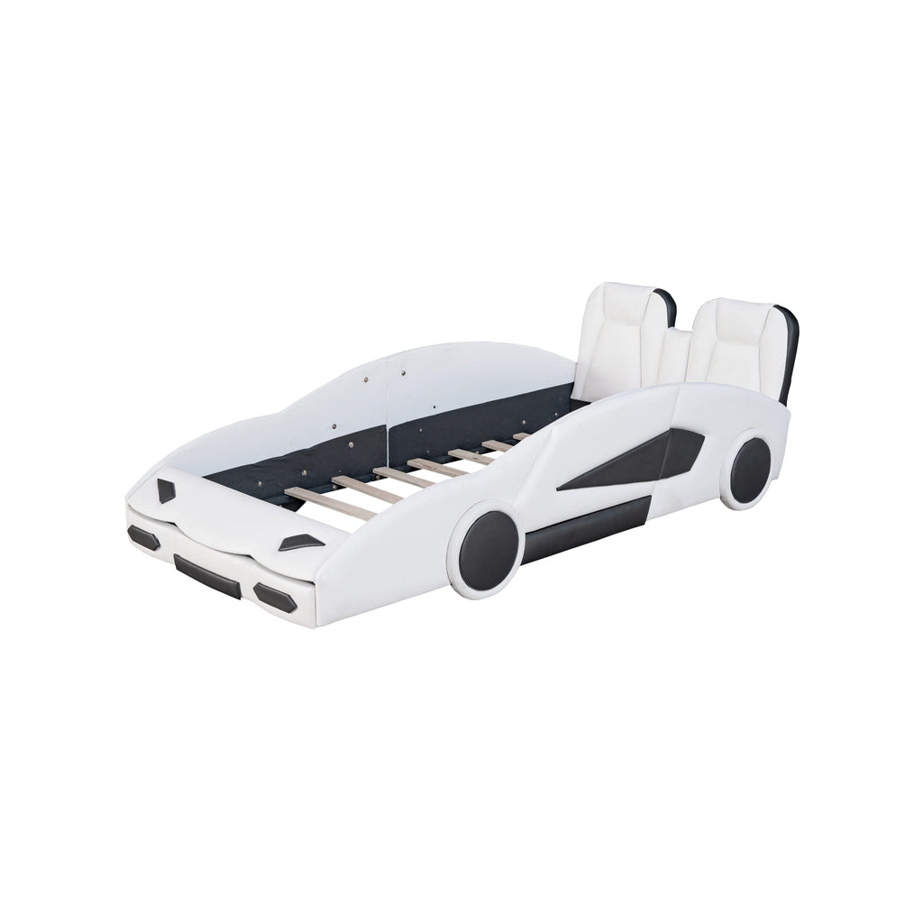 Lit plateforme en forme de voiture de course taille jumeau avec roues, blanc, Harper & Bright Designs