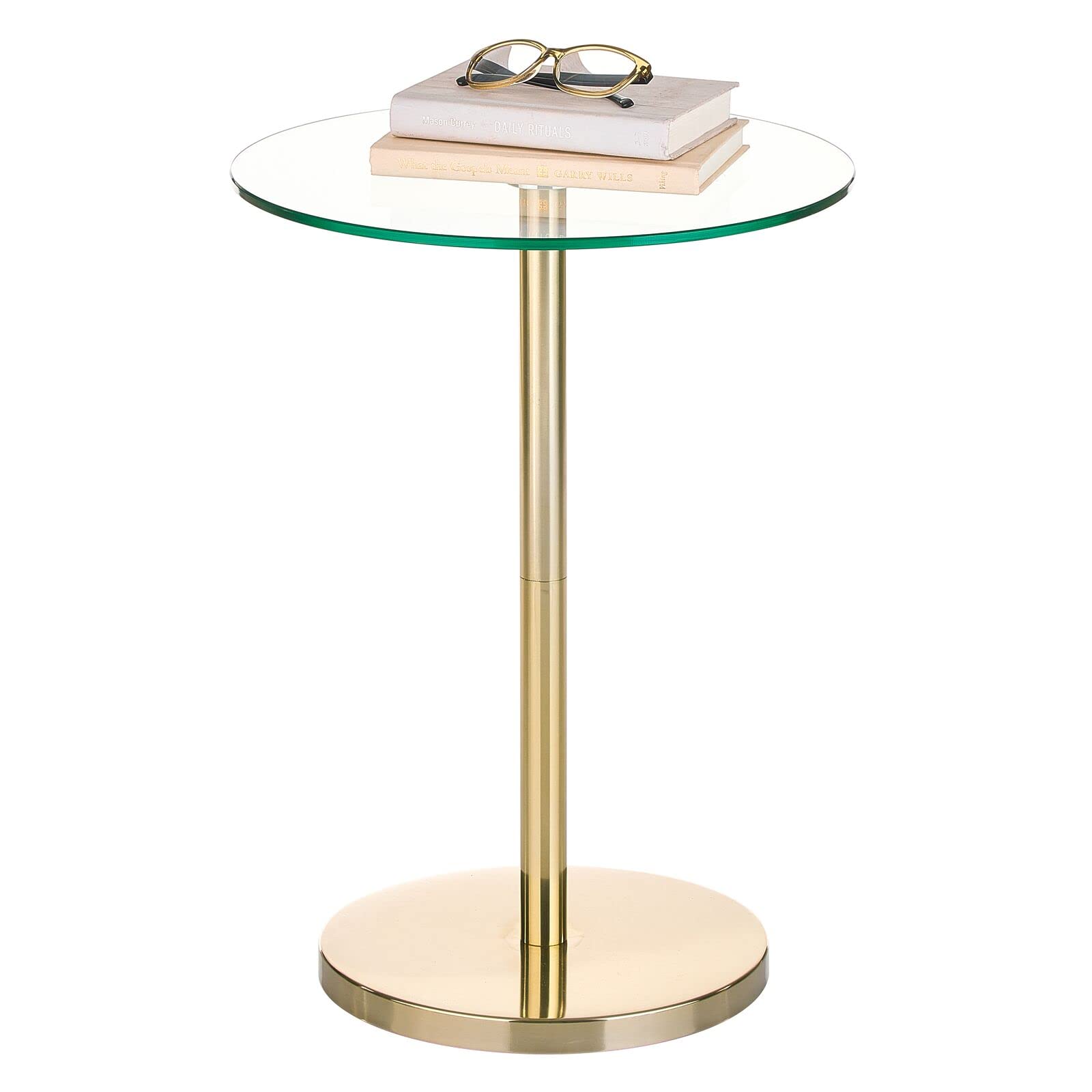 mDesign Glass Top Side/End Drink Table - Small Modern Round Accent Metal Nightstand Furniture for Living Room, Dorm, Home Office, and Bedroom - 9" Round - Clear/Soft Brass