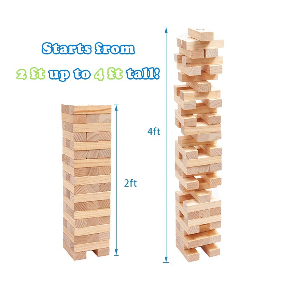 WOOD CITY Giant Tumbling Timber Tower Game (Stacking from 2 to 4 Feet), Classic Jumbo Outdoor Game for Adults Kids Family, 54 Pieces Premium Pine Wood Blocks Toy