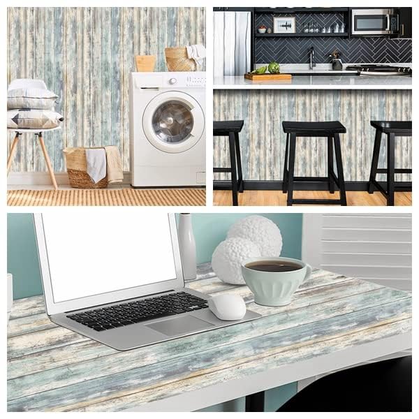 Arthome 17''x120'' Blue Rustic Wood Paper Self-Adhesive Removable Peel and Stick Wallpaper Vinyl Decorative Wood Plank Film Vintage Wall Covering for Furniture Easy to Clean Wooden Grain Paper