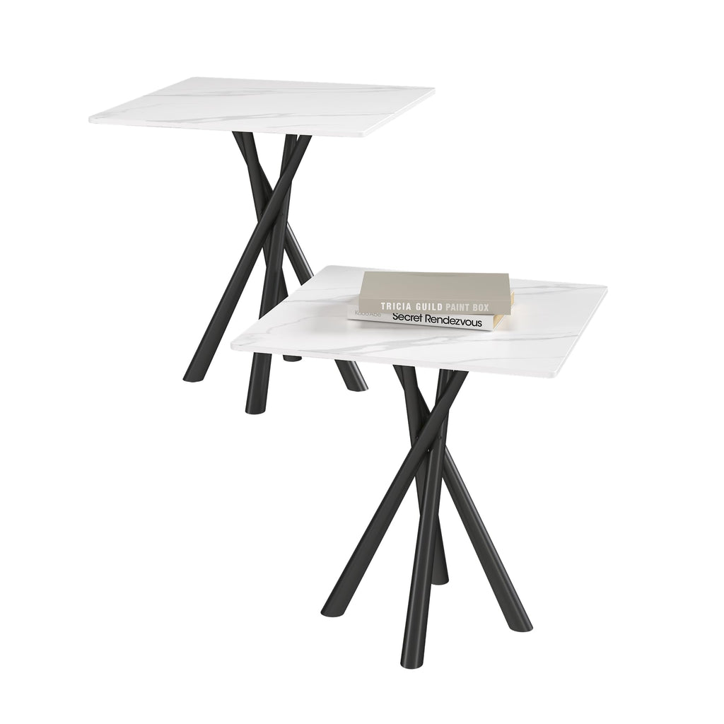 Round White Marble Side Table Set of 2, Modern End Table with Sintered Stone Top and Black Metal Legs, Sofa Coffee Table for Living Room Apartment (20" x 20" x 22")